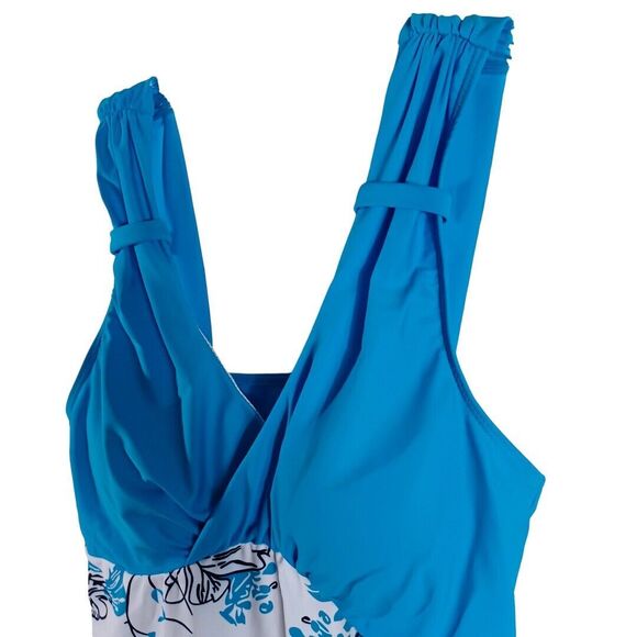 Tankini Women's Beach Swimsuit Cinched Top Blue White Black Floral Size XL - Picture 3 of 6